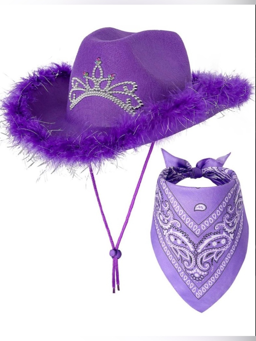 Purple Feather Trim Cowgirl Hat with Rhinestone Tiara & Matching Bandana